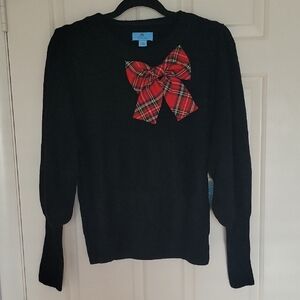 CeCe Black Sweater with Red Plaid Bow